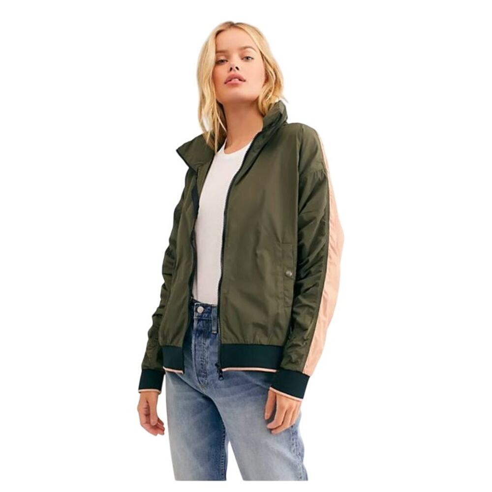 Free People Highline Colorblock Bomber Jacket  Green Pink Hideaway Hood Soft